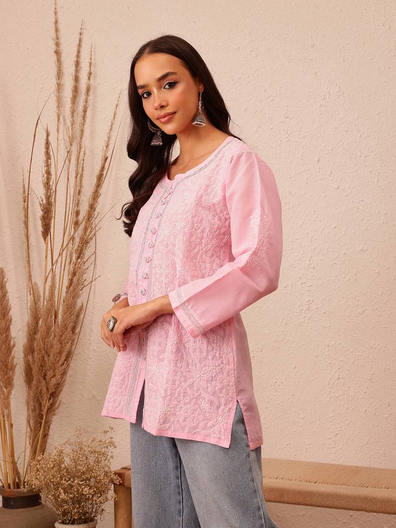 Hand Embroidered Pink Cotton Lucknowi Chikankari Women Short Kurti With Zari Work