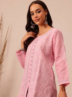 Hand Embroidered Pink Cotton Lucknowi Chikankari Women Short Kurti With Zari Work 4