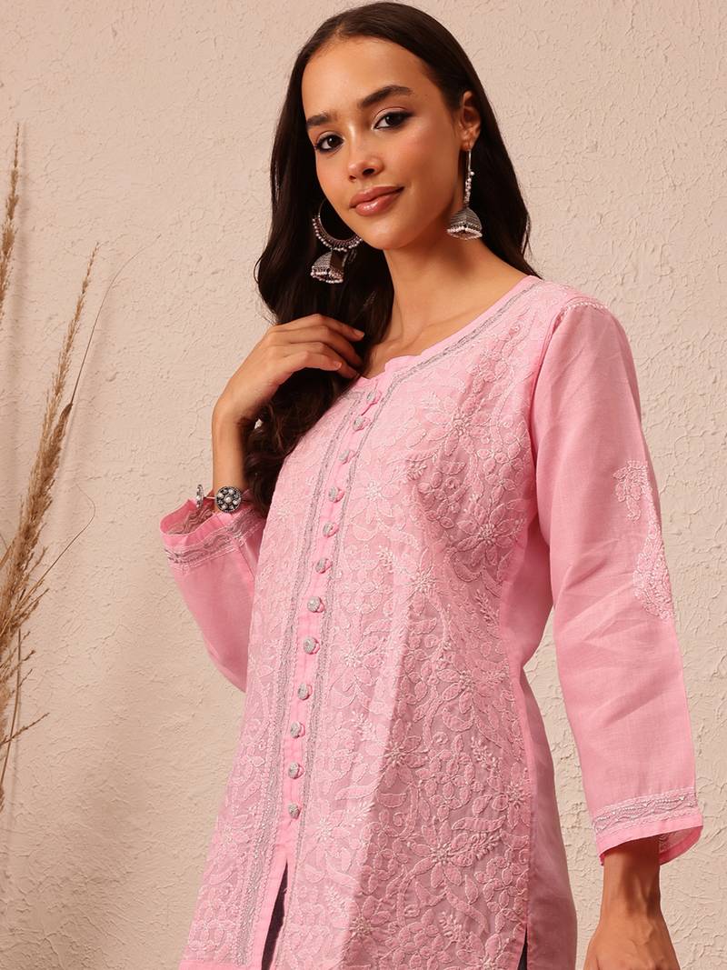 Hand Embroidered Pink Cotton Lucknowi Chikankari Women Short Kurti With Zari Work