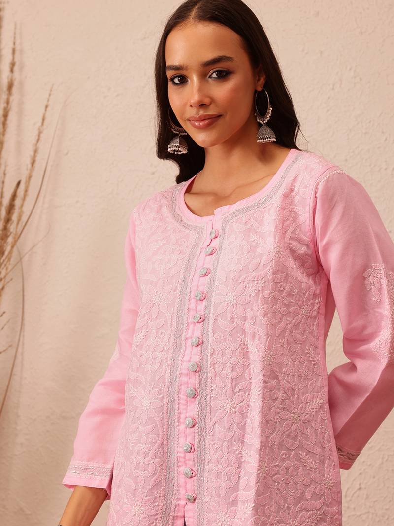 Hand Embroidered Pink Cotton Lucknowi Chikankari Women Short Kurti With Zari Work