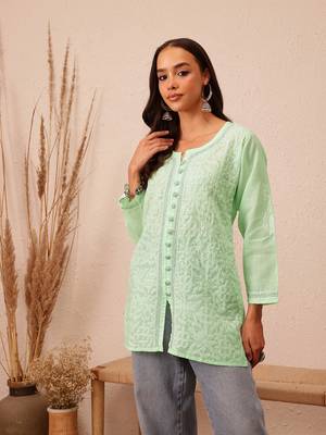 Hand Embroidered Pista Green Cotton Lucknow Chikankari Women Short Kurti With Zari Work 1