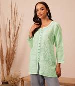 Hand Embroidered Pista Green Cotton Lucknow Chikankari Women Short Kurti With Zari Work