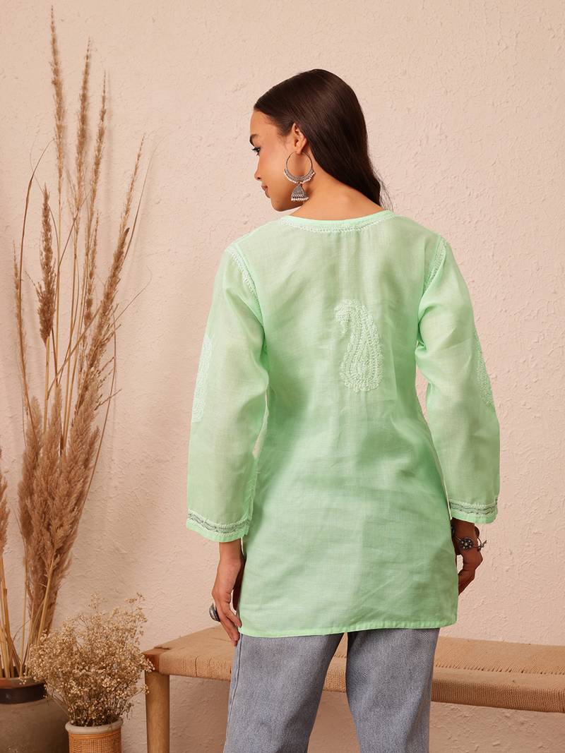 Hand Embroidered Pista Green Cotton Lucknow Chikankari Women Short Kurti With Zari Work