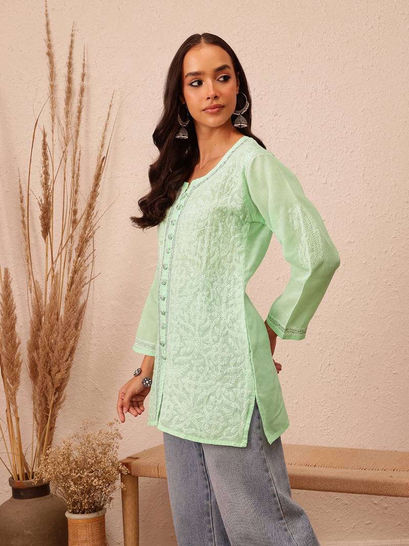 Hand Embroidered Pista Green Cotton Lucknow Chikankari Women Short Kurti With Zari Work