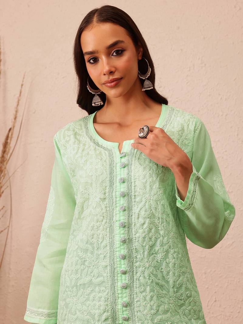 Hand Embroidered Pista Green Cotton Lucknow Chikankari Women Short Kurti With Zari Work