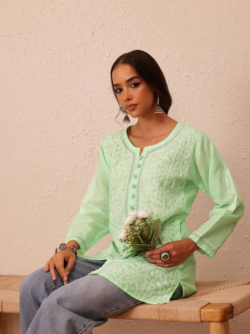 Hand Embroidered Pista Green Cotton Lucknow Chikankari Women Short Kurti With Zari Work