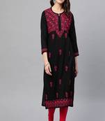 Hand Embroidered Black Cotton Lucknow Chikan Women Trending Kurta