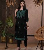 Hand Embroidered Black Cotton Lucknow Chikankari Women Kurta
