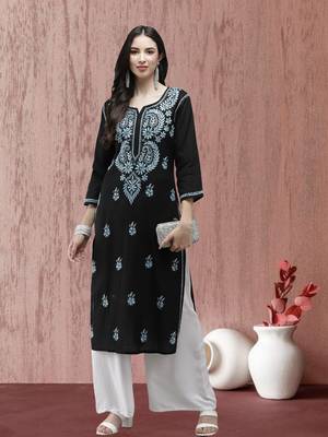 Hand Embroidered Black Cotton Lucknow Chikankari Women Kurta 1