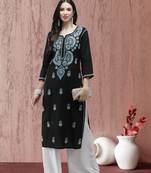 Hand Embroidered Black Cotton Lucknow Chikankari Women Kurta