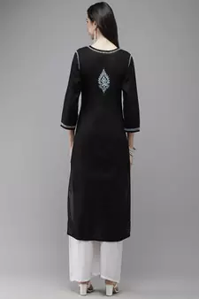 Hand Embroidered Black Cotton Lucknow Chikankari Women Kurta