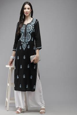 Hand Embroidered Black Cotton Lucknow Chikankari Women Kurta 3