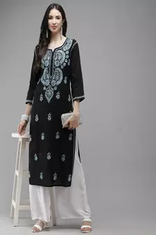 Hand Embroidered Black Cotton Lucknow Chikankari Women Kurta