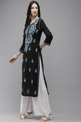 Hand Embroidered Black Cotton Lucknow Chikankari Women Kurta 4