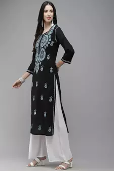 Hand Embroidered Black Cotton Lucknow Chikankari Women Kurta