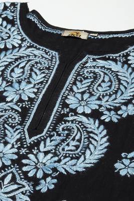 Hand Embroidered Black Cotton Lucknow Chikankari Women Kurta 5