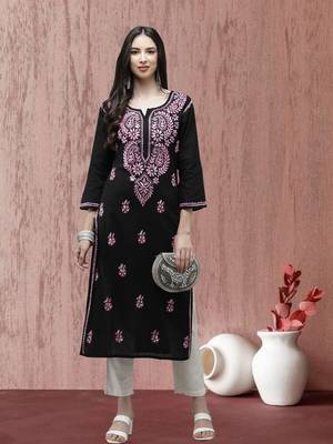 Hand Embroidered Black Cotton Lucknow Chikankari Women Kurta 1