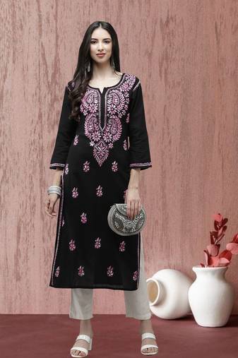 Hand Embroidered Black Cotton Lucknow Chikankari Women Kurta