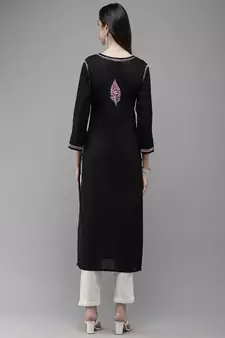 Hand Embroidered Black Cotton Lucknow Chikankari Women Kurta
