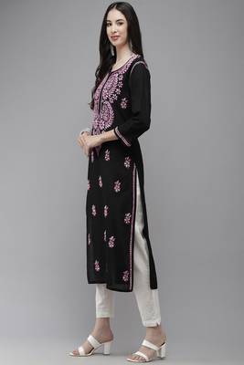 Hand Embroidered Black Cotton Lucknow Chikankari Women Kurta 3