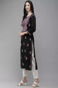 Hand Embroidered Black Cotton Lucknow Chikankari Women Kurta