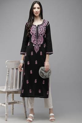 Hand Embroidered Black Cotton Lucknow Chikankari Women Kurta 4