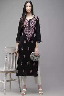 Hand Embroidered Black Cotton Lucknow Chikankari Women Kurta