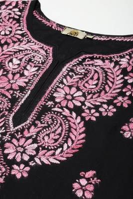Hand Embroidered Black Cotton Lucknow Chikankari Women Kurta 5