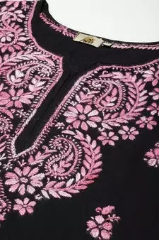 Hand Embroidered Black Cotton Lucknow Chikankari Women Kurta