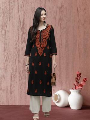 Hand Embroidered Black Cotton Lucknow Chikankari Women Trending Kurta 1