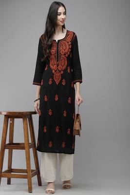 Hand Embroidered Black Cotton Lucknow Chikankari Women Trending Kurta 3