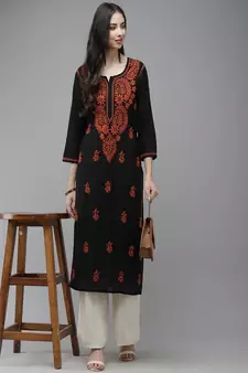 Hand Embroidered Black Cotton Lucknow Chikankari Women Trending Kurta