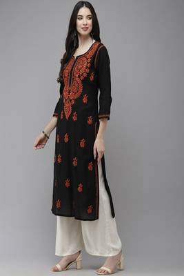 Hand Embroidered Black Cotton Lucknow Chikankari Women Trending Kurta 4