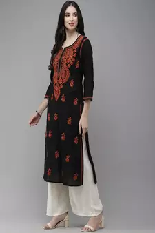 Hand Embroidered Black Cotton Lucknow Chikankari Women Trending Kurta