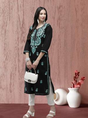 Hand Embroidered Black Cotton Lucknow Chikankari Women Kurta 1
