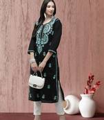 Hand Embroidered Black Cotton Lucknow Chikankari Women Kurta