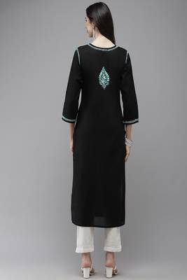 Hand Embroidered Black Cotton Lucknow Chikankari Women Kurta 2