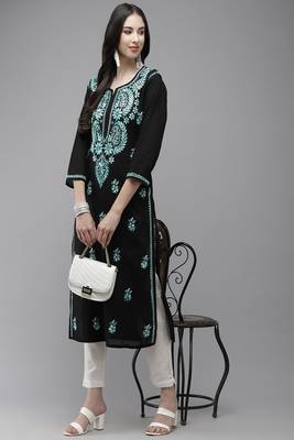 Hand Embroidered Black Cotton Lucknow Chikankari Women Kurta 3