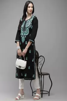 Hand Embroidered Black Cotton Lucknow Chikankari Women Kurta