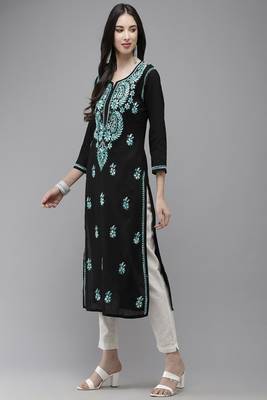 Hand Embroidered Black Cotton Lucknow Chikankari Women Kurta 4