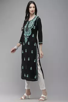 Hand Embroidered Black Cotton Lucknow Chikankari Women Kurta