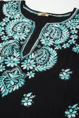 Hand Embroidered Black Cotton Lucknow Chikankari Women Kurta 5