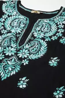 Hand Embroidered Black Cotton Lucknow Chikankari Women Kurta