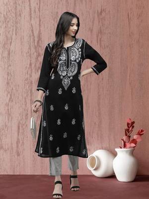 Hand Embroidered Black Cotton Lucknow Chikankari Women Kurta 1