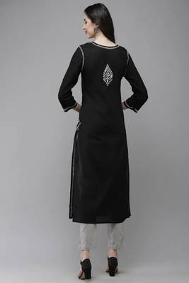 Hand Embroidered Black Cotton Lucknow Chikankari Women Kurta 2
