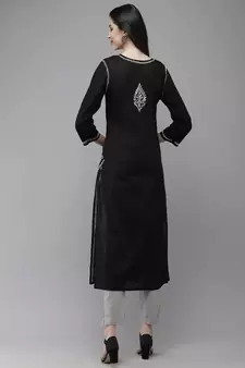 Hand Embroidered Black Cotton Lucknow Chikankari Women Kurta
