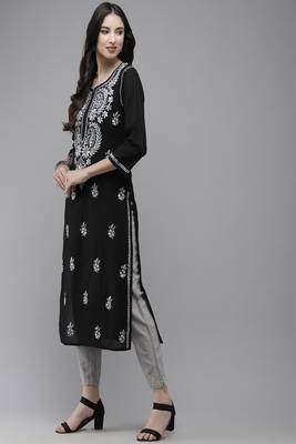 Hand Embroidered Black Cotton Lucknow Chikankari Women Kurta 3