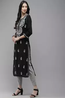 Hand Embroidered Black Cotton Lucknow Chikankari Women Kurta