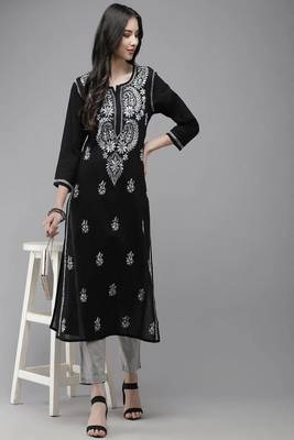Hand Embroidered Black Cotton Lucknow Chikankari Women Kurta 4