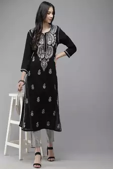 Hand Embroidered Black Cotton Lucknow Chikankari Women Kurta